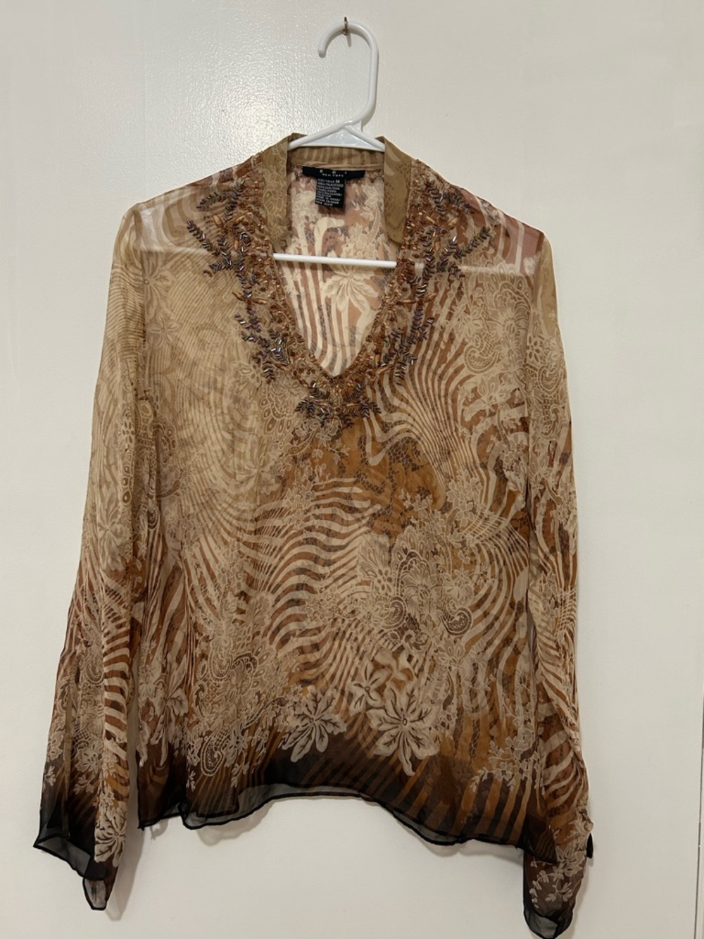 Ice Brown Sheer Embellished V-Neck Blouse